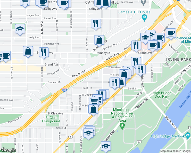 map of restaurants, bars, coffee shops, grocery stores, and more near 524 Harrison Avenue in Saint Paul