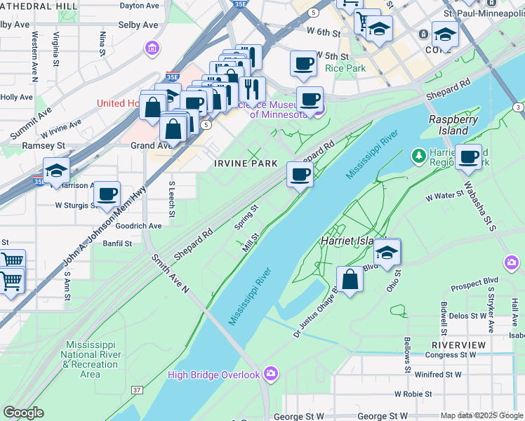map of restaurants, bars, coffee shops, grocery stores, and more near 185 Sherman Street in Saint Paul