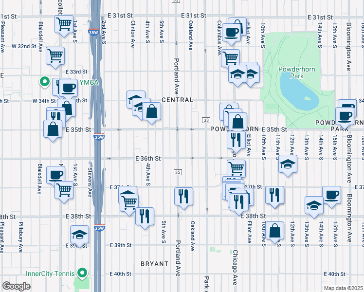 map of restaurants, bars, coffee shops, grocery stores, and more near 3535 Portland Avenue in Minneapolis