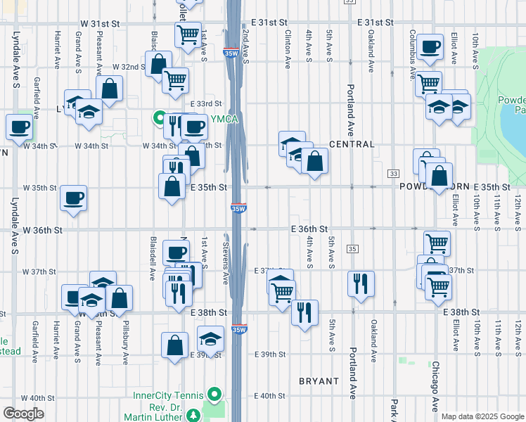 map of restaurants, bars, coffee shops, grocery stores, and more near 3532 3rd Avenue South in Minneapolis