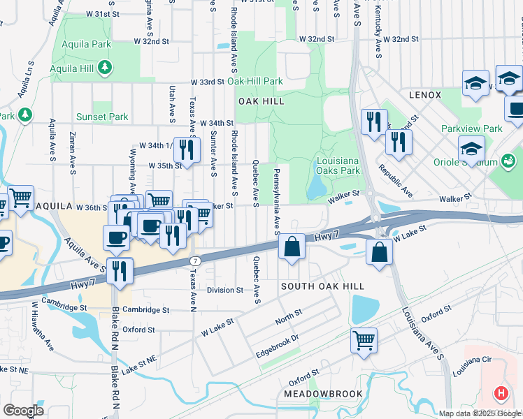 map of restaurants, bars, coffee shops, grocery stores, and more near 3601 Quebec Avenue South in Minneapolis