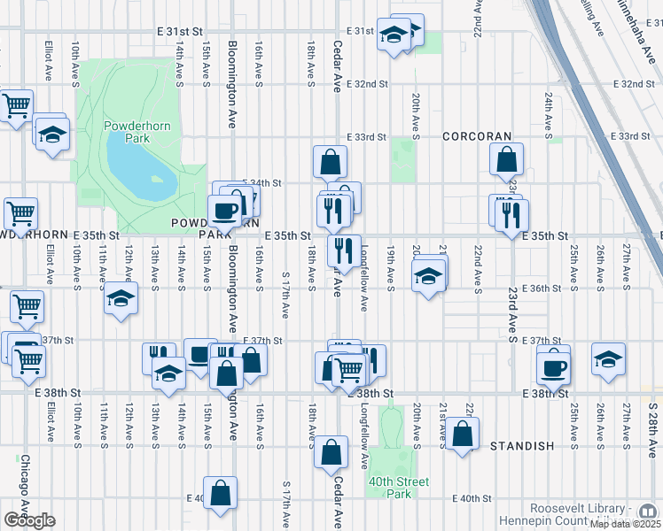 map of restaurants, bars, coffee shops, grocery stores, and more near 3528 Cedar Avenue in Minneapolis