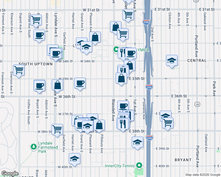 map of restaurants, bars, coffee shops, grocery stores, and more near 3534 Blaisdell Avenue in Minneapolis