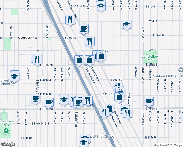 map of restaurants, bars, coffee shops, grocery stores, and more near 3534 Dight Avenue in Minneapolis