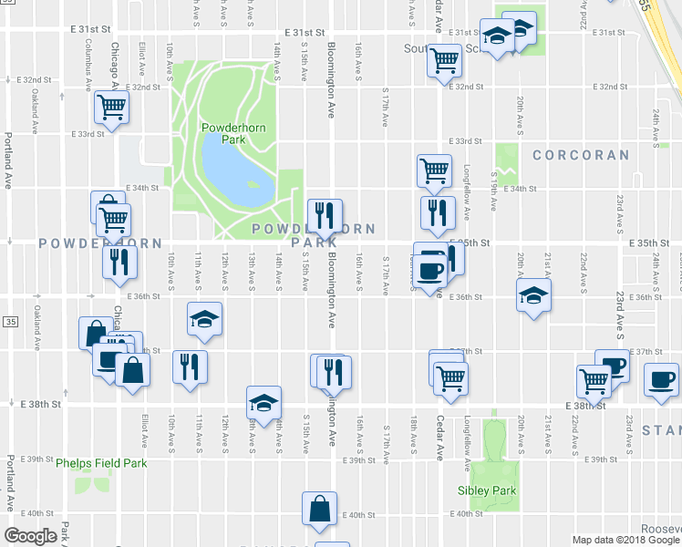 map of restaurants, bars, coffee shops, grocery stores, and more near 3533 Bloomington Ave in Minneapolis