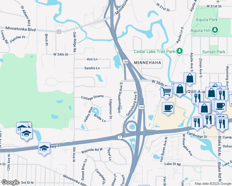 map of restaurants, bars, coffee shops, grocery stores, and more near 3640 Independence Avenue South in St. Louis Park