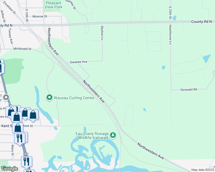 map of restaurants, bars, coffee shops, grocery stores, and more near 1916 Hidden Trail in Wausau