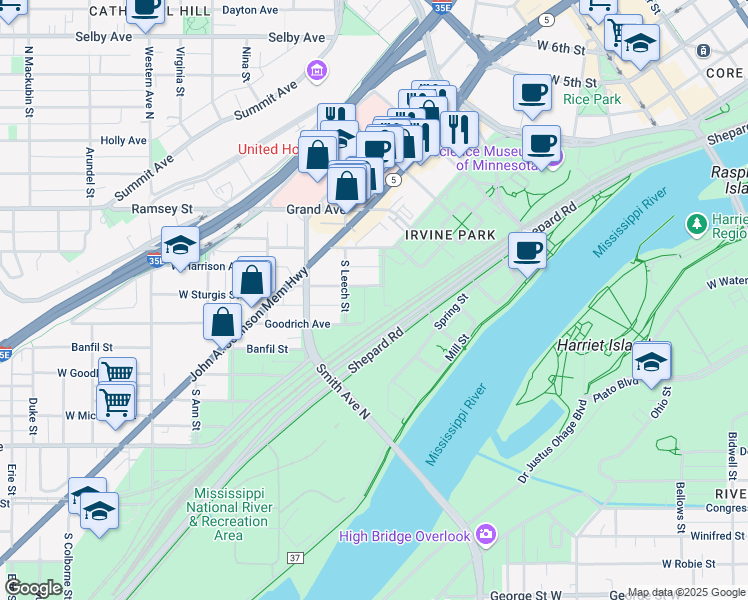 map of restaurants, bars, coffee shops, grocery stores, and more near 95 Wilkin Street in Saint Paul