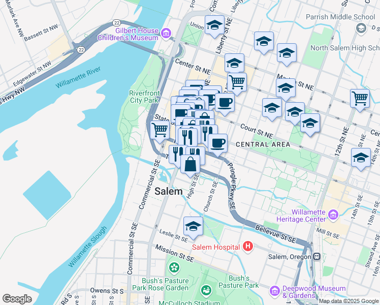 map of restaurants, bars, coffee shops, grocery stores, and more near 250 Liberty Street Southeast in Salem