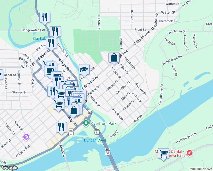 map of restaurants, bars, coffee shops, grocery stores, and more near 111 North Grove Street in Chippewa Falls
