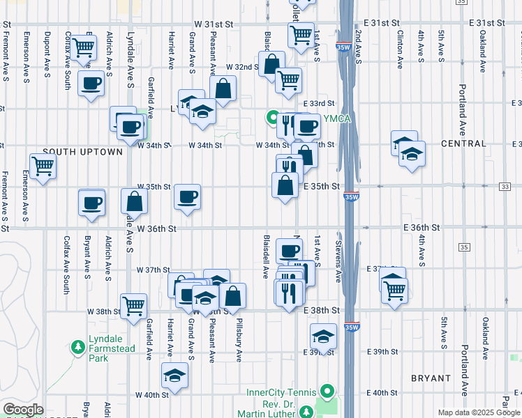 map of restaurants, bars, coffee shops, grocery stores, and more near 3534 Blaisdell Avenue in Minneapolis