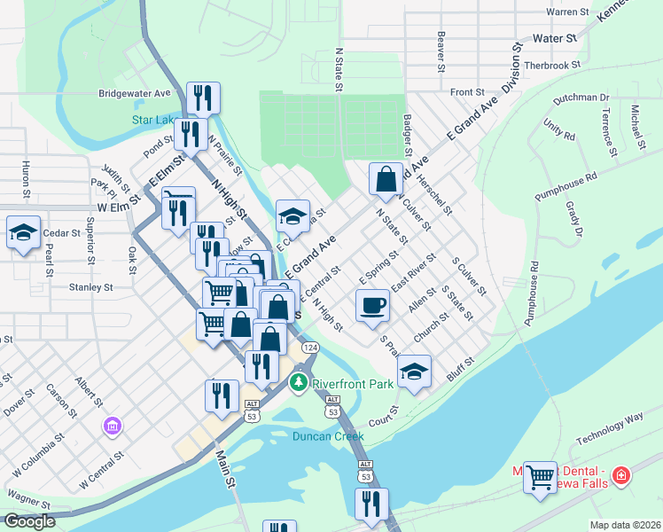 map of restaurants, bars, coffee shops, grocery stores, and more near 204 East Central Street in Chippewa Falls