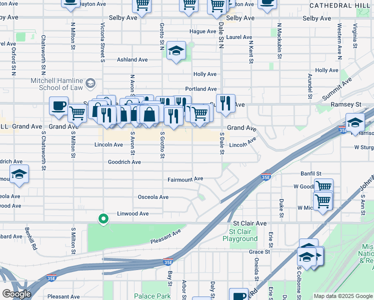 map of restaurants, bars, coffee shops, grocery stores, and more near 682 Lincoln Avenue in Saint Paul