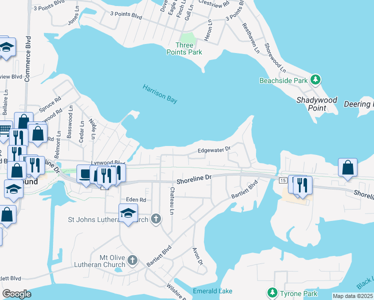 map of restaurants, bars, coffee shops, grocery stores, and more near 5044 Edgewater Drive in Mound