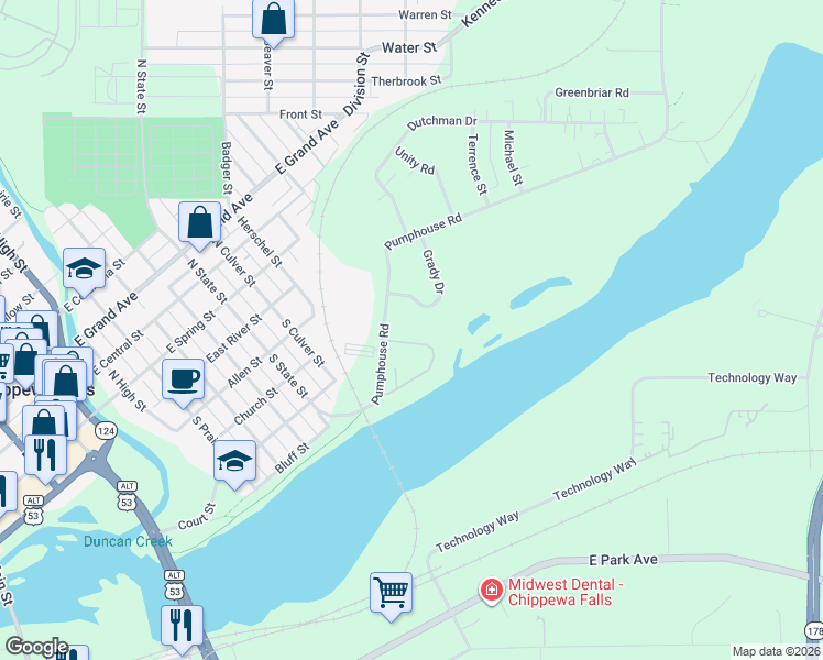 map of restaurants, bars, coffee shops, grocery stores, and more near 30 Stump Lake Rd in Chippewa Falls