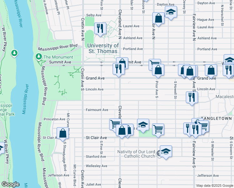 map of restaurants, bars, coffee shops, grocery stores, and more near 103 South Cleveland Avenue in Saint Paul