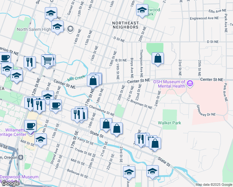 map of restaurants, bars, coffee shops, grocery stores, and more near 1965 Breyman Street Northeast in Salem