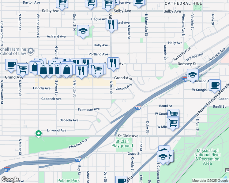 map of restaurants, bars, coffee shops, grocery stores, and more near 616 Lincoln Avenue in Saint Paul