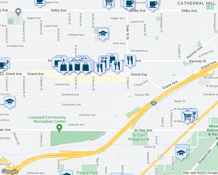 map of restaurants, bars, coffee shops, grocery stores, and more near 682 Lincoln Avenue in Saint Paul