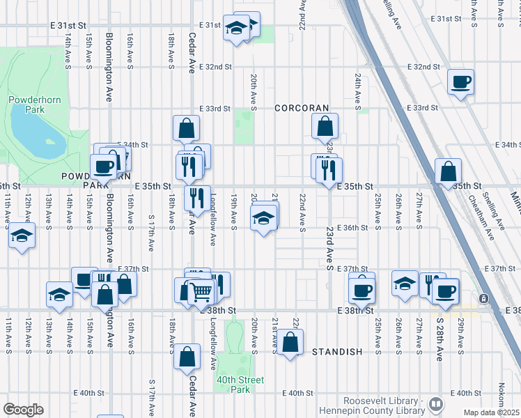 map of restaurants, bars, coffee shops, grocery stores, and more near 3525 20th Ave S in Minneapolis