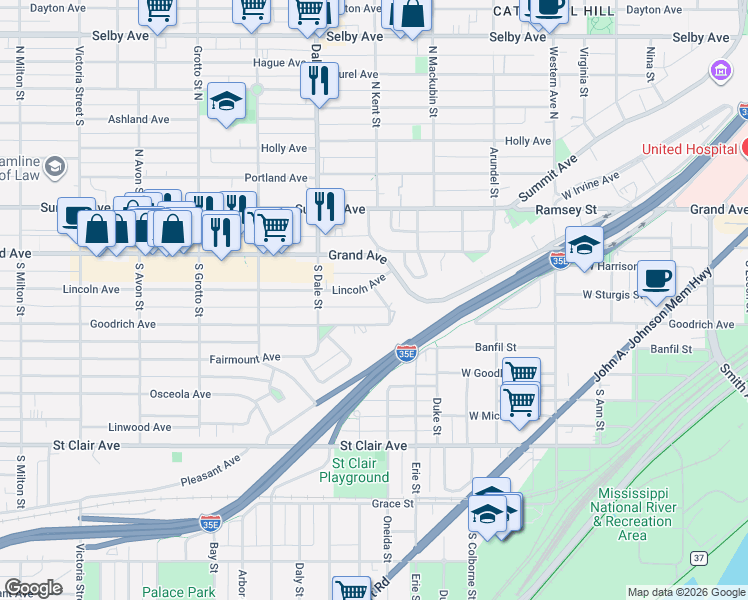 map of restaurants, bars, coffee shops, grocery stores, and more near 584 Lincoln Avenue in Saint Paul
