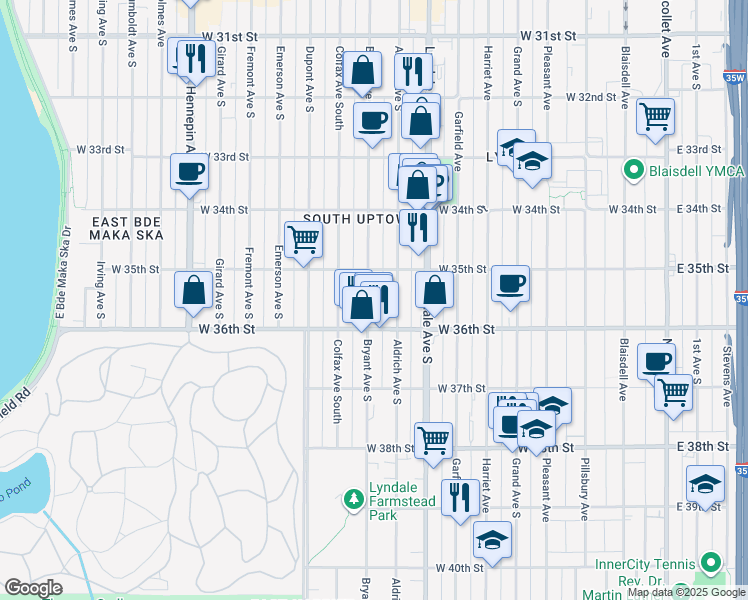 map of restaurants, bars, coffee shops, grocery stores, and more near 3532 Bryant Avenue South in Minneapolis