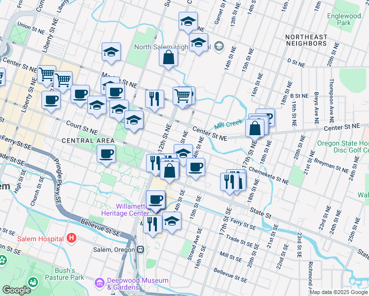 map of restaurants, bars, coffee shops, grocery stores, and more near 1340 Chemeketa Street Northeast in Salem