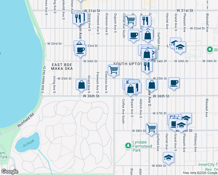 map of restaurants, bars, coffee shops, grocery stores, and more near 3529 Emerson Avenue South in Minneapolis