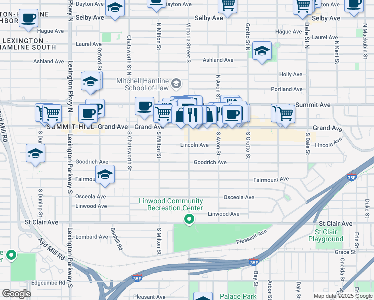 map of restaurants, bars, coffee shops, grocery stores, and more near 93 Victoria Street in Saint Paul