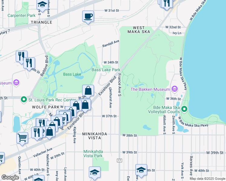 map of restaurants, bars, coffee shops, grocery stores, and more near 3521 Glenhurst Avenue in St. Louis Park