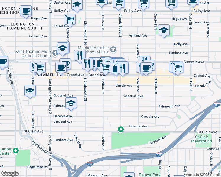 map of restaurants, bars, coffee shops, grocery stores, and more near 896 Lincoln Avenue in Saint Paul