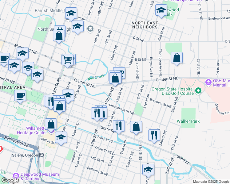 map of restaurants, bars, coffee shops, grocery stores, and more near 454 17th Street Northeast in Salem