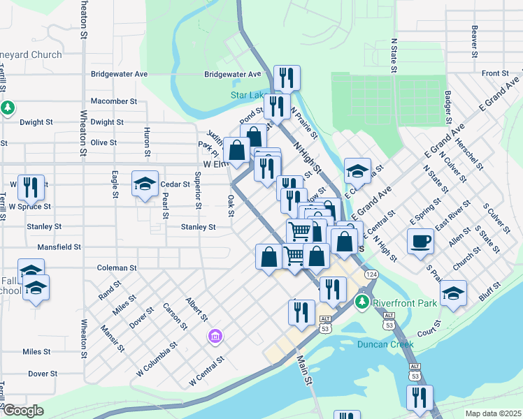 map of restaurants, bars, coffee shops, grocery stores, and more near 25 West Birch Street in Chippewa Falls