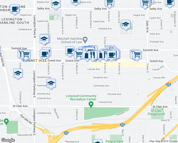 map of restaurants, bars, coffee shops, grocery stores, and more near 87 South Victoria Street in Saint Paul