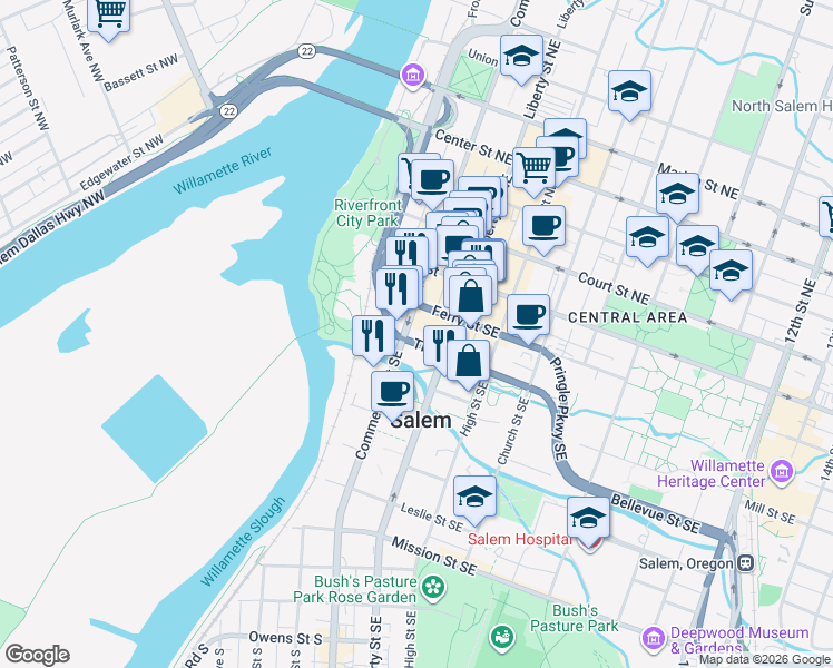 map of restaurants, bars, coffee shops, grocery stores, and more near 200 Commercial Street Southeast in Salem
