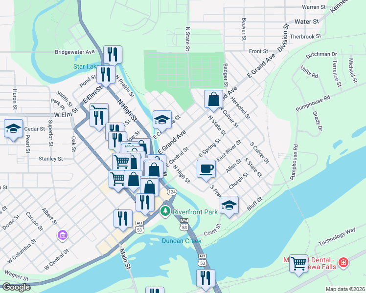 map of restaurants, bars, coffee shops, grocery stores, and more near 204 East Central Street in Chippewa Falls