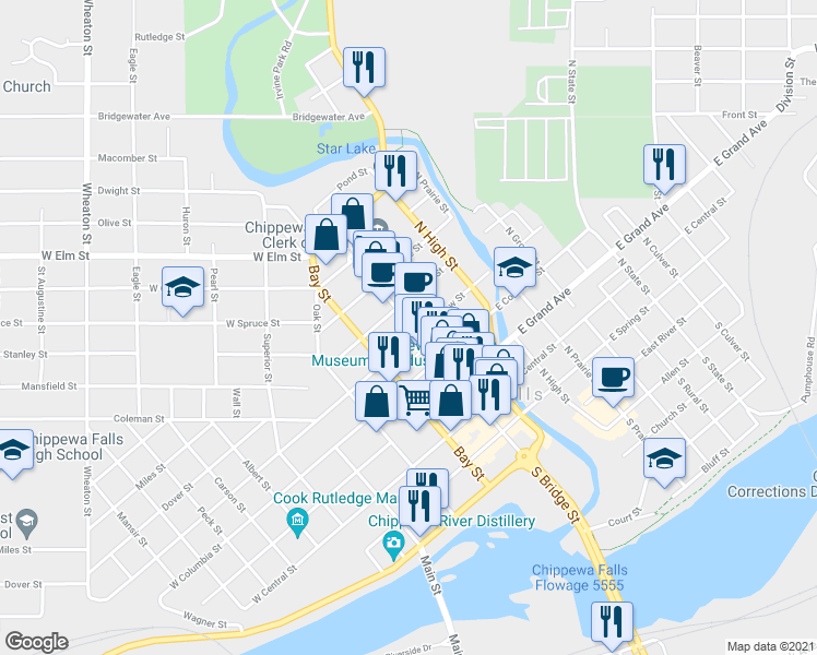 map of restaurants, bars, coffee shops, grocery stores, and more near 504 North Bridge Street in Chippewa Falls