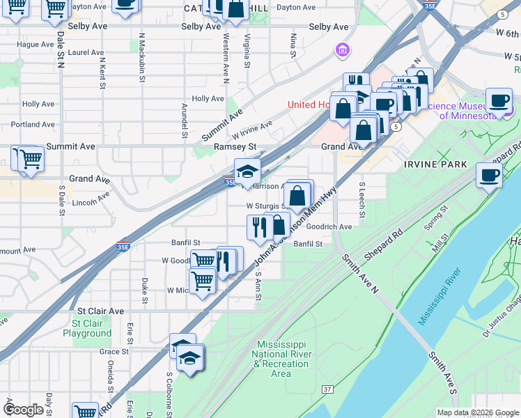 map of restaurants, bars, coffee shops, grocery stores, and more near 95 South Garfield Street in Saint Paul