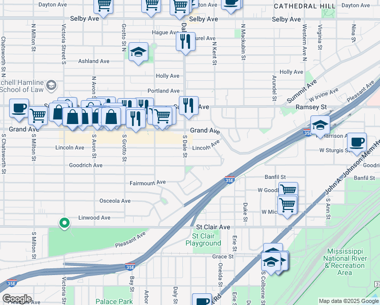 map of restaurants, bars, coffee shops, grocery stores, and more near 616 Lincoln Avenue in Saint Paul