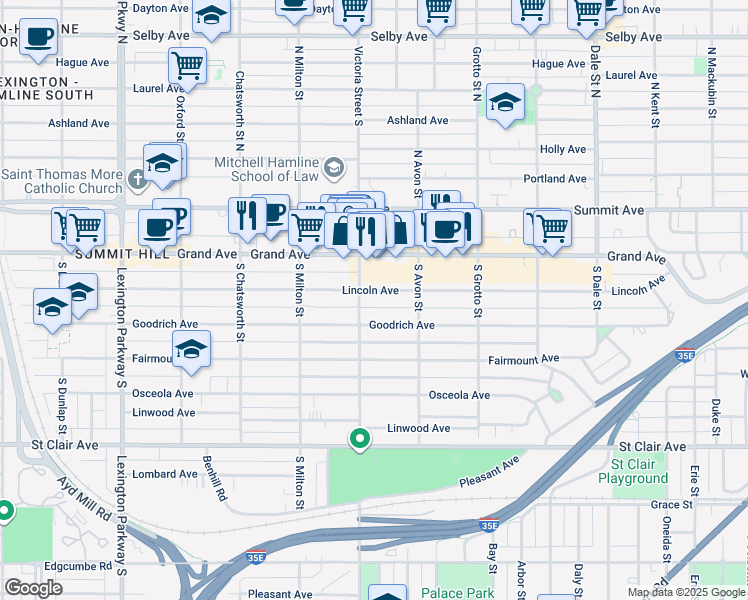 map of restaurants, bars, coffee shops, grocery stores, and more near 93 Victoria Street in Saint Paul