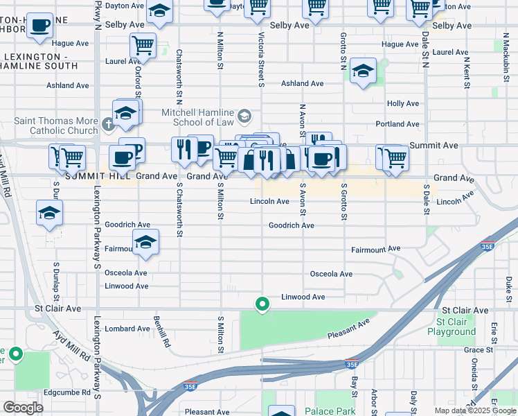 map of restaurants, bars, coffee shops, grocery stores, and more near 93 Victoria Street in Saint Paul