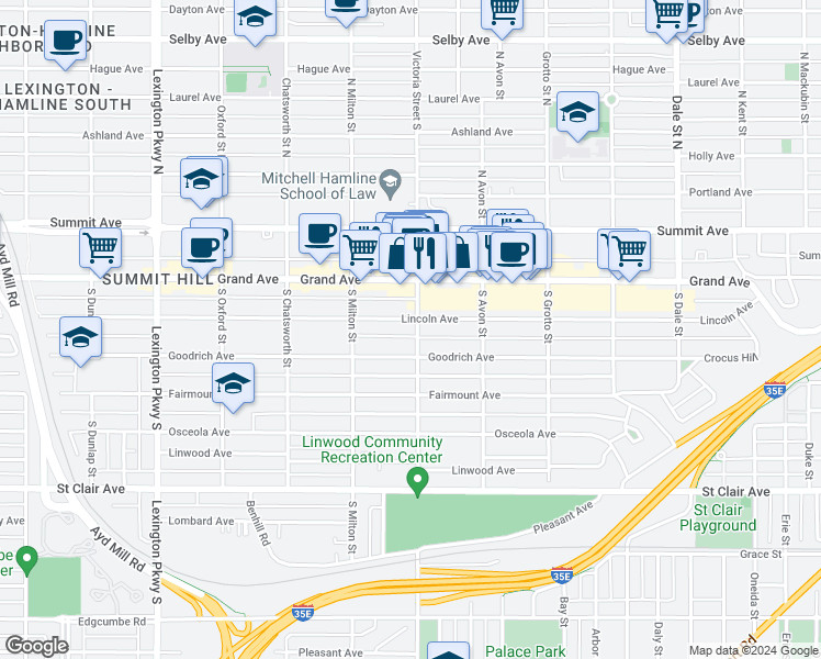 map of restaurants, bars, coffee shops, grocery stores, and more near 93 Victoria Street in Saint Paul