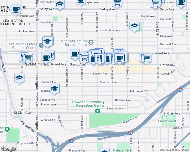 map of restaurants, bars, coffee shops, grocery stores, and more near 93 Victoria Street in Saint Paul
