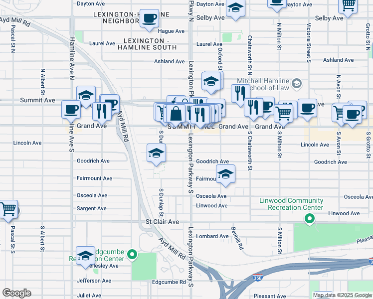 map of restaurants, bars, coffee shops, grocery stores, and more near 95 Lexington Parkway South in Saint Paul