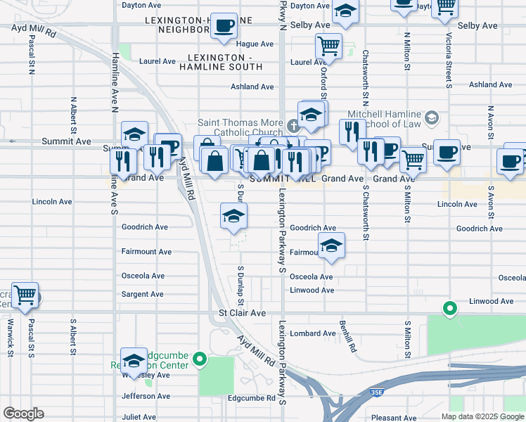 map of restaurants, bars, coffee shops, grocery stores, and more near 1144 Lincoln Avenue in Saint Paul