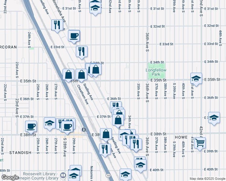 map of restaurants, bars, coffee shops, grocery stores, and more near 3536 33rd Avenue South in Minneapolis