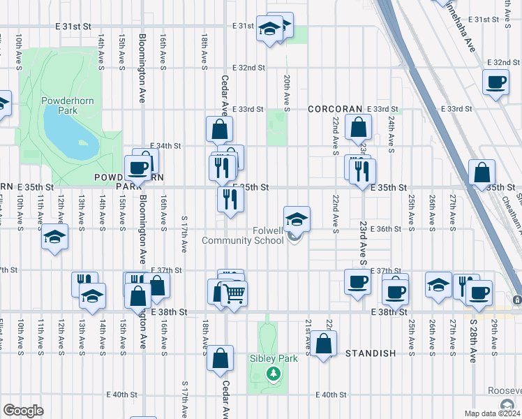 map of restaurants, bars, coffee shops, grocery stores, and more near 3529 19th Avenue South in Minneapolis