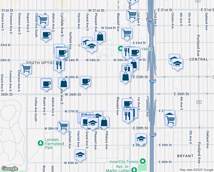 map of restaurants, bars, coffee shops, grocery stores, and more near 3532 Pillsbury Avenue in Minneapolis