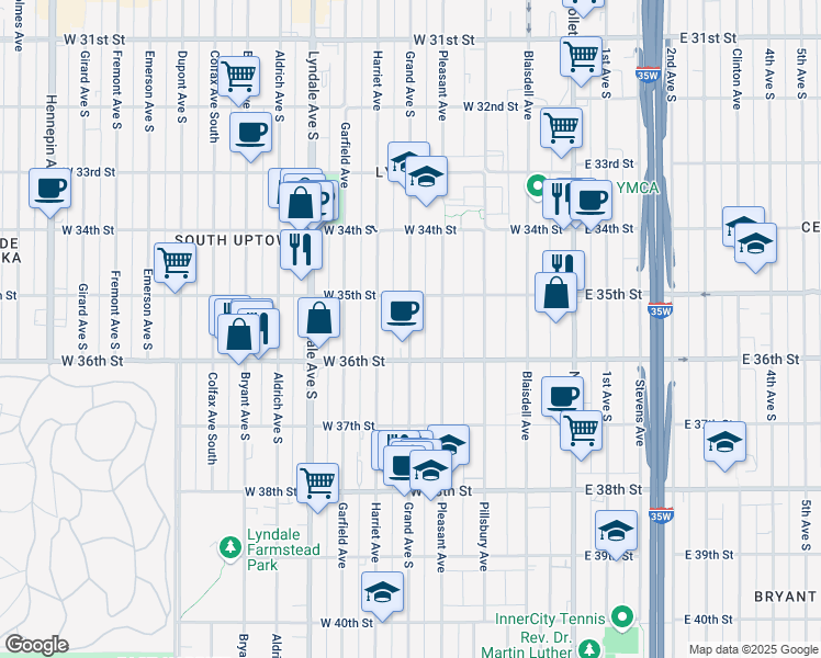 map of restaurants, bars, coffee shops, grocery stores, and more near 3526 Grand Avenue South in Minneapolis