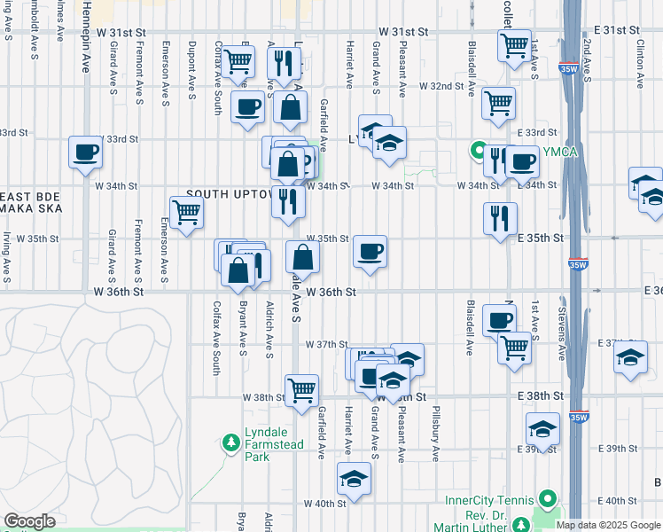 map of restaurants, bars, coffee shops, grocery stores, and more near 3527 Garfield Avenue in Minneapolis